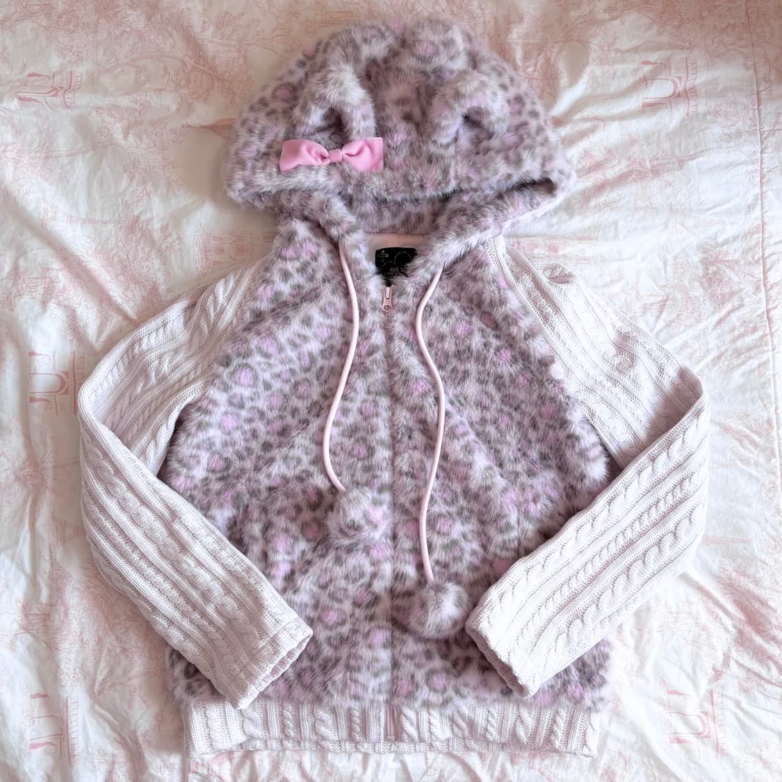 시부야 키티 핑크 레오파드 퍼 니트 후드 집업 갸루 네코미미 고양이 상품이미지2