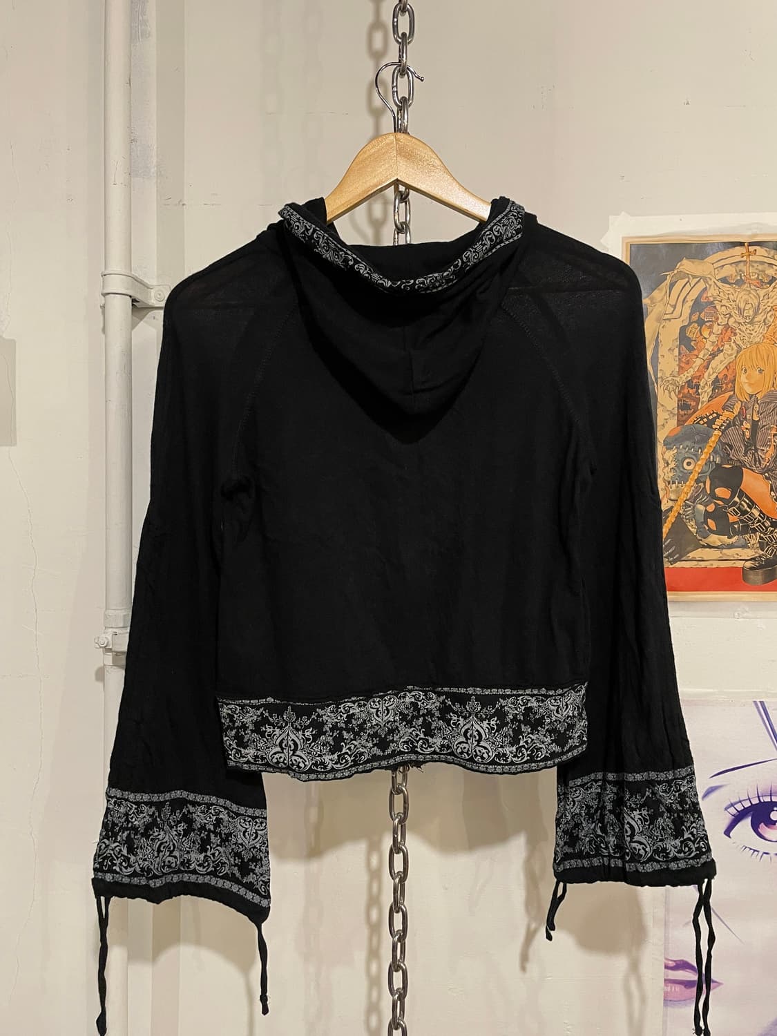 edge line 에스닉 패턴 셔링 플레어 소매 투웨이 블랙 후드집업 상품이미지7