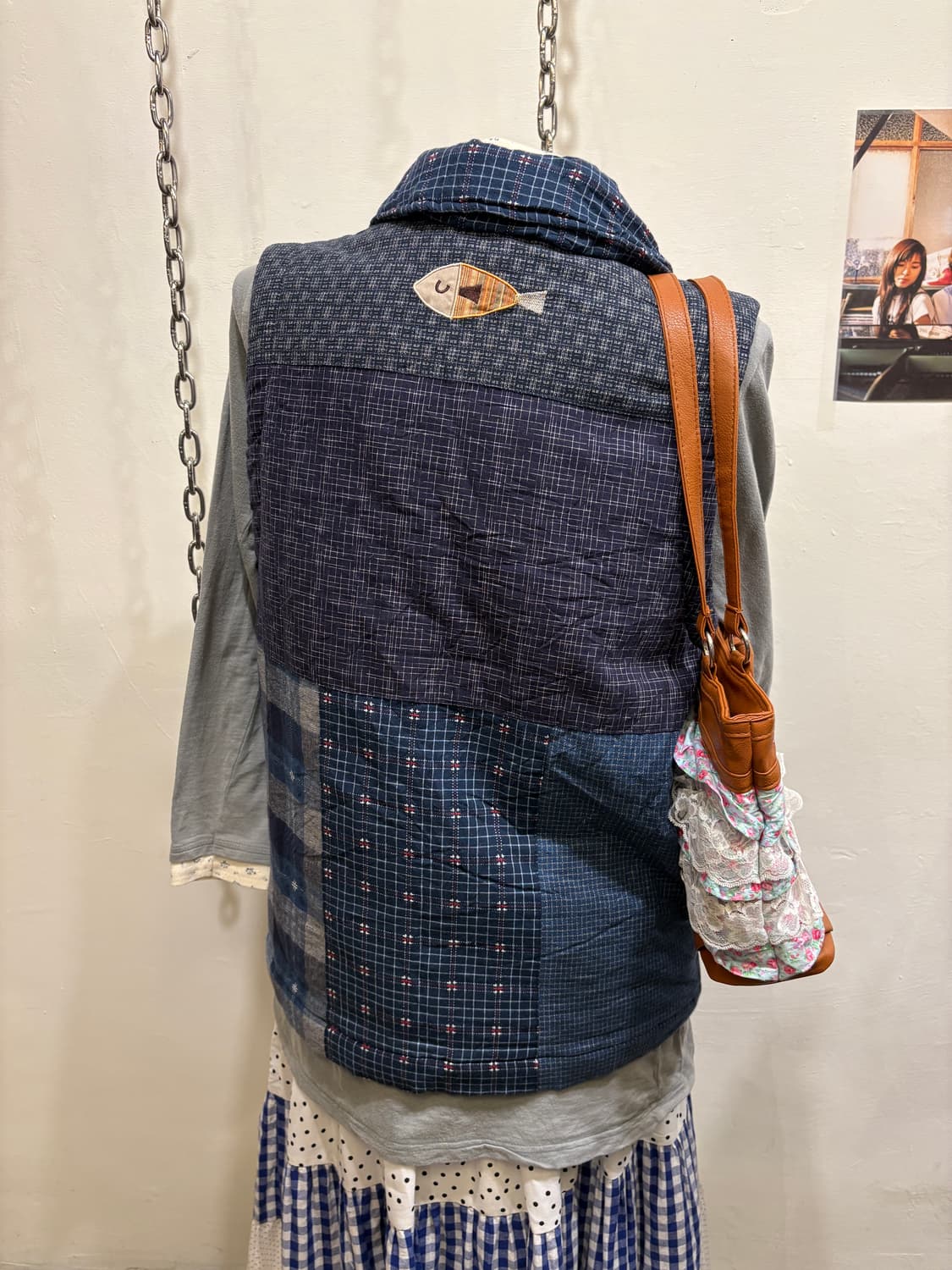 고양이 패치워크 블루 패딩 베스트 모리 상품이미지4