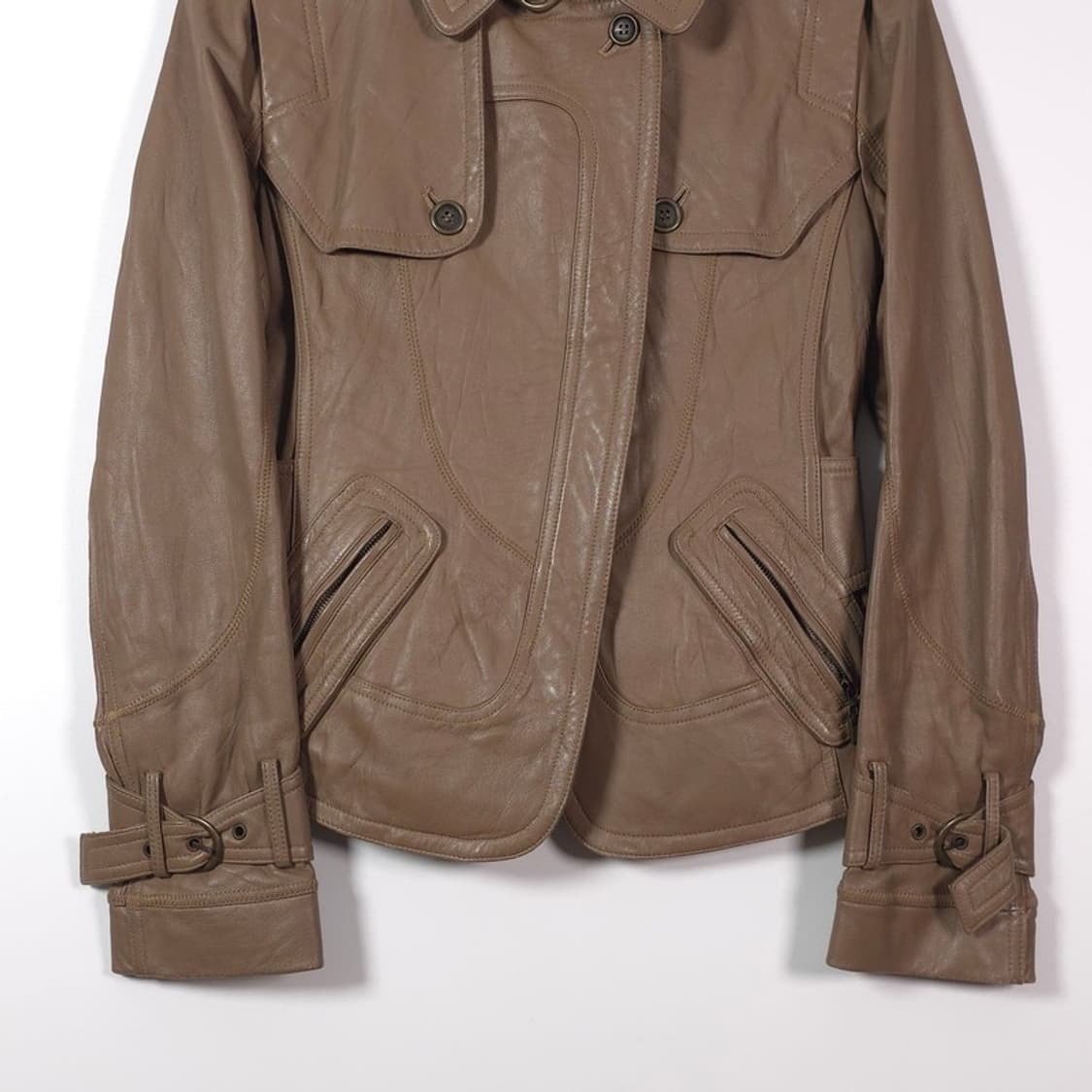 빈티지 베이지 램스킨 사선 지퍼 레더 자켓 66 상품이미지4