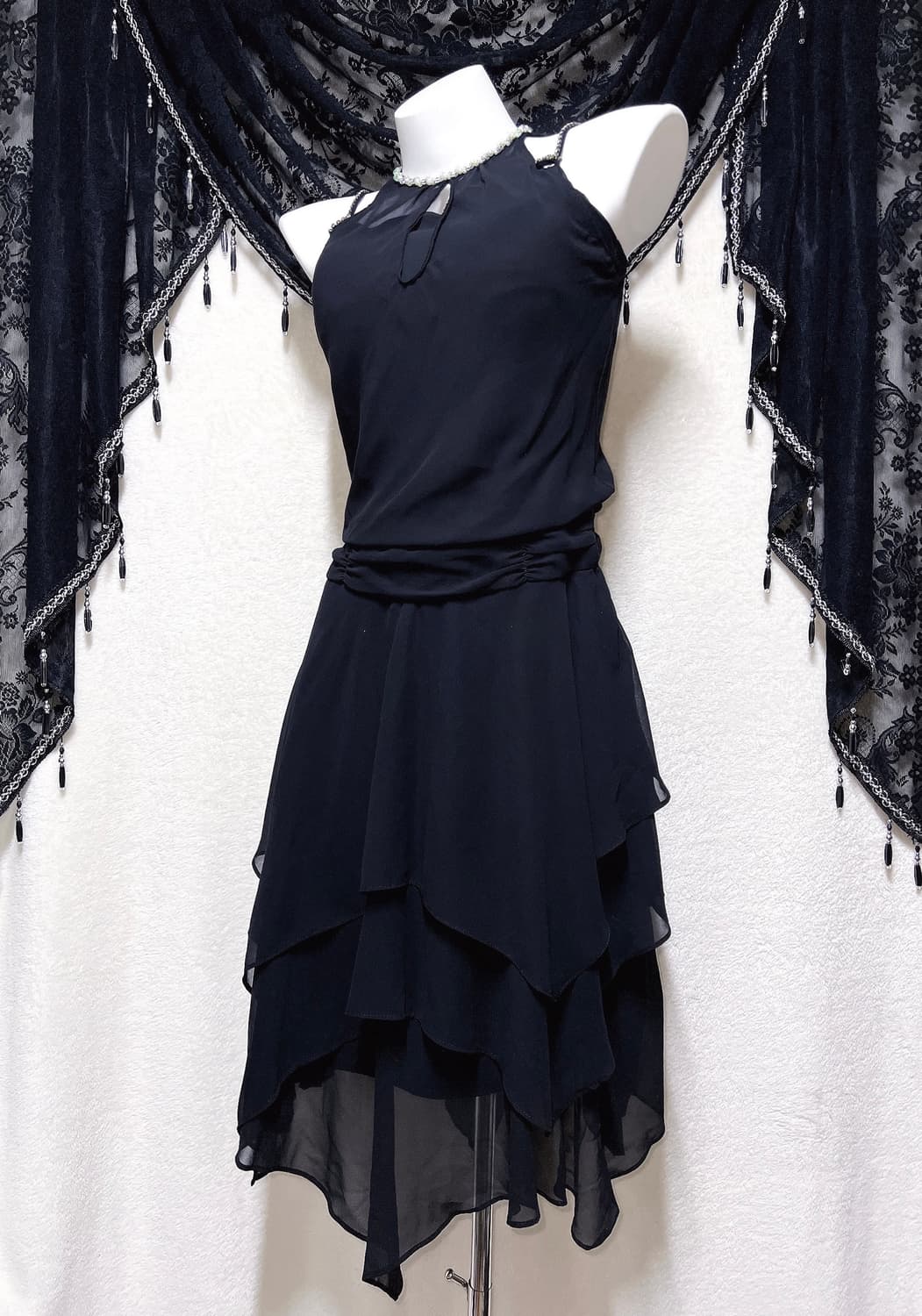 로맨틱고딕 고스 갸루 비즈 홀터넥 나시 언발 쉬폰원피스 파티드레스 연말 상품이미지6