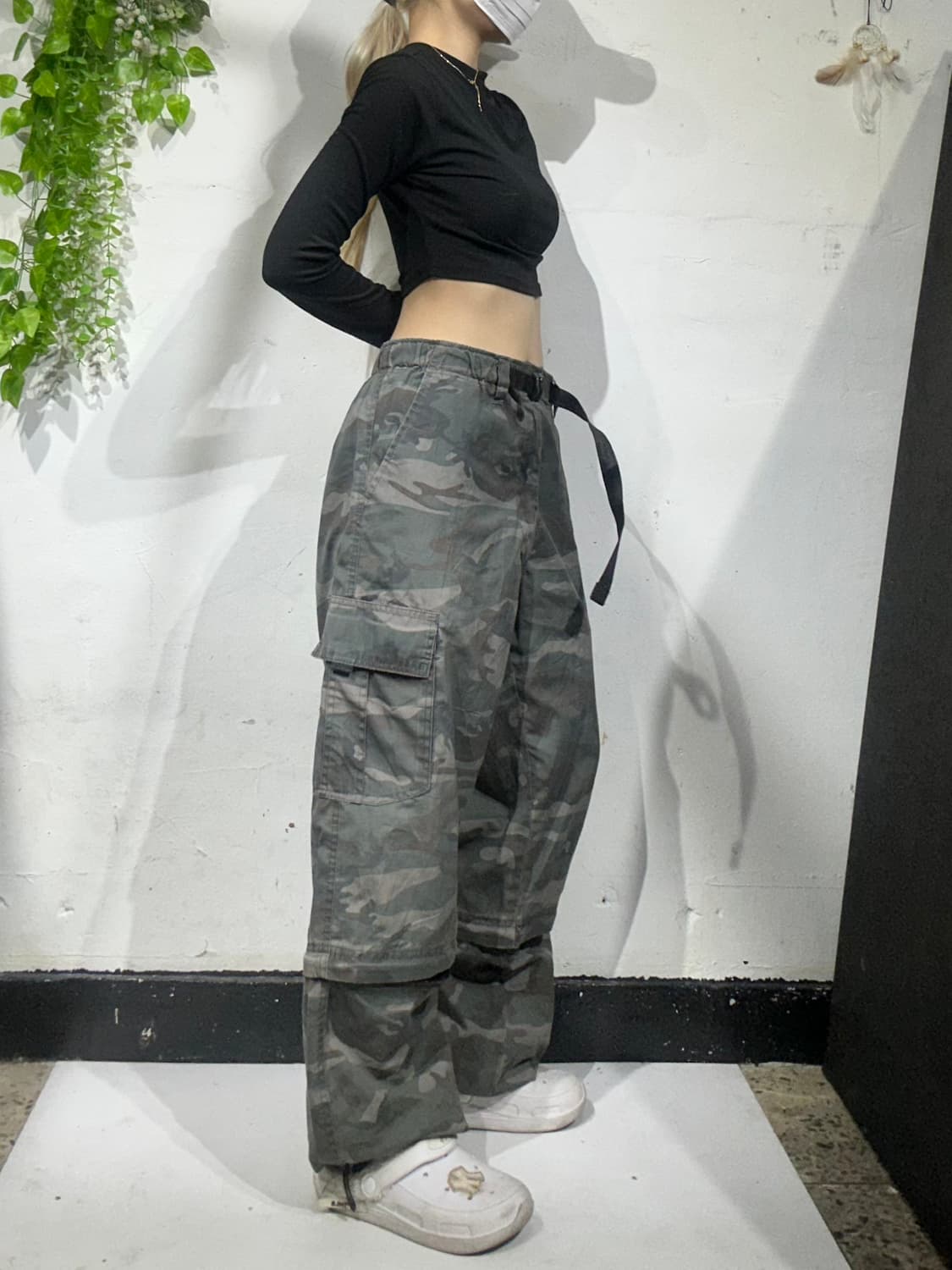 일본 빈티지 카키 무릅 절개 포인트 와이드 카고 팬츠  상품이미지1