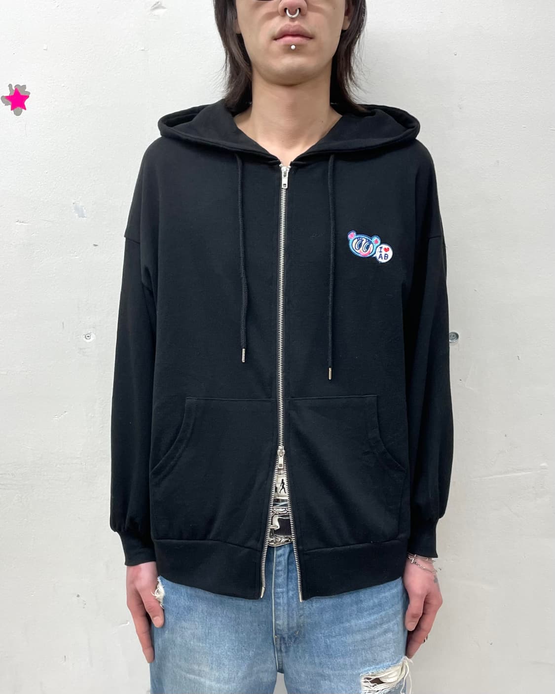 Angel Blue Heart Black Hooded Zip-Up 상품이미지2