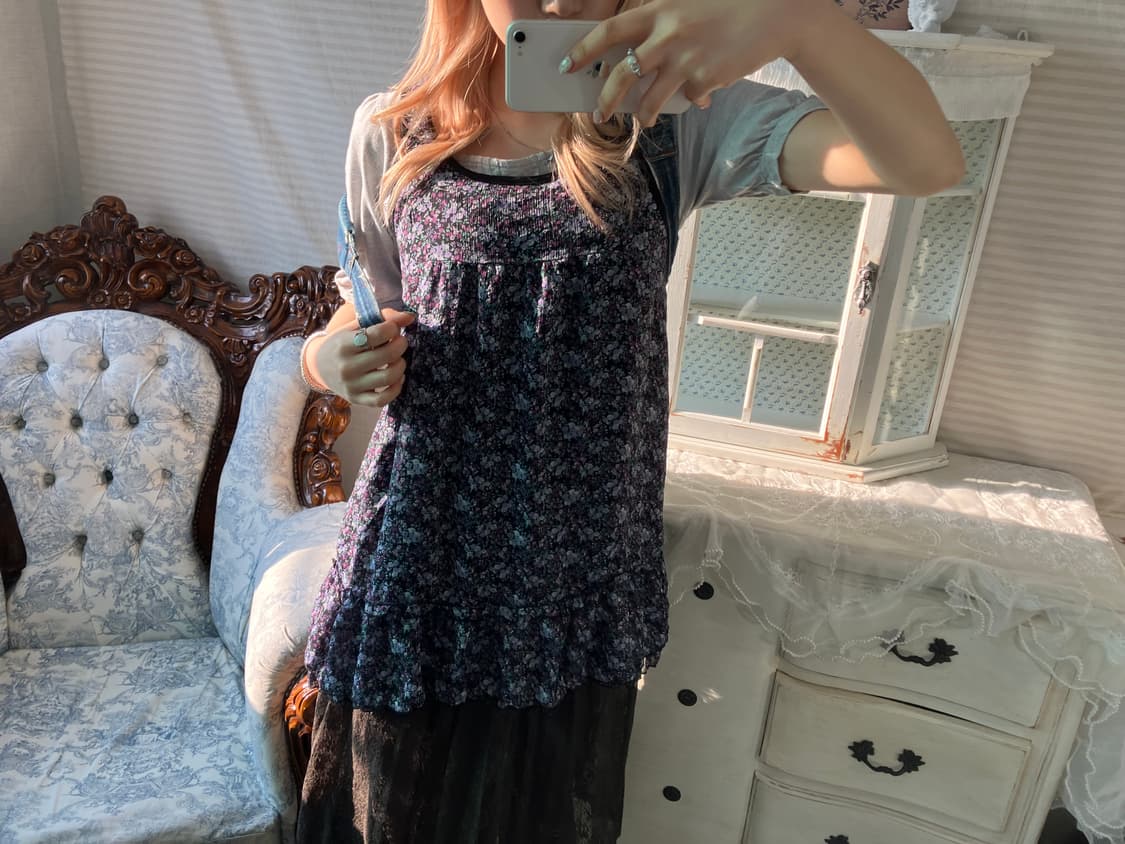 Set)하구미 꽃무늬 프릴 원피스 + 모리 그레이 티셔츠 상품이미지2