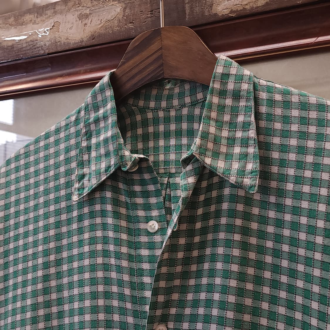 60s 프랑스 워크셔츠 가드너 빈티지 셔츠 그린 체크 롱 튜닉 셔츠 L 상품이미지6