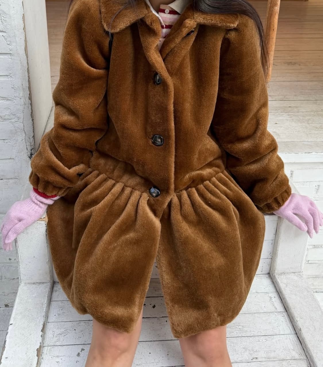 시눈 셔링 퍼코트 브라운 상품이미지2