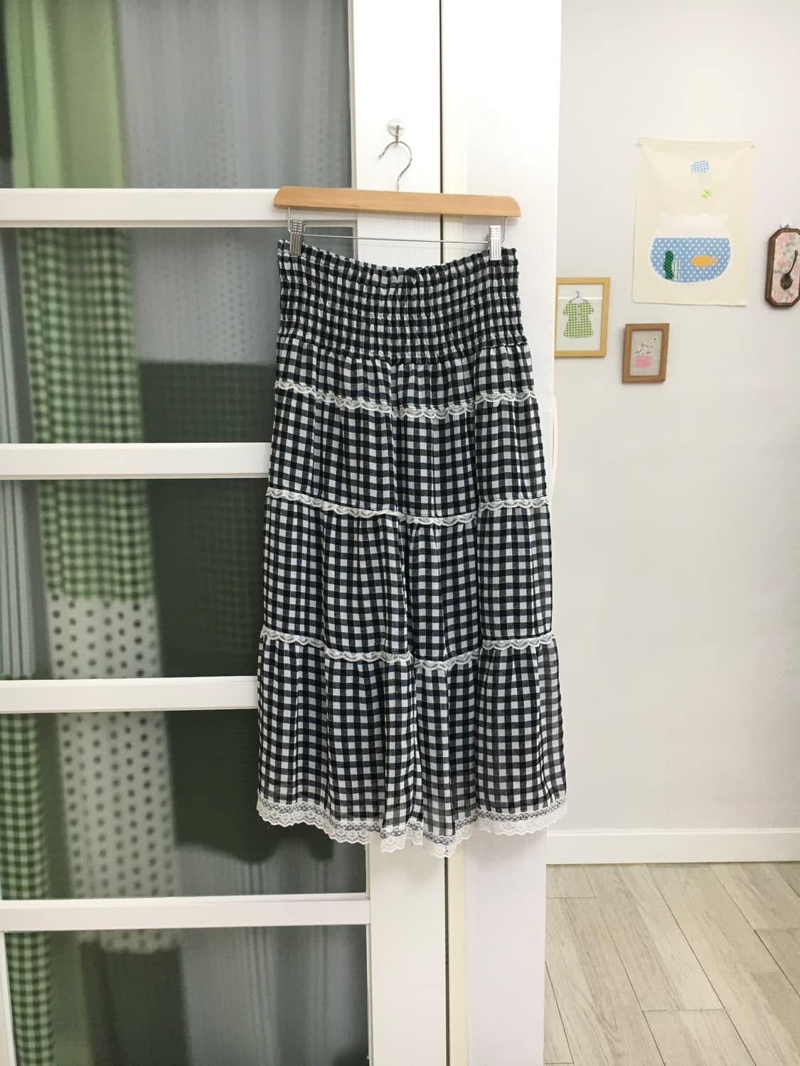 블랙 체크 레이스 롱 스커트 상품이미지1