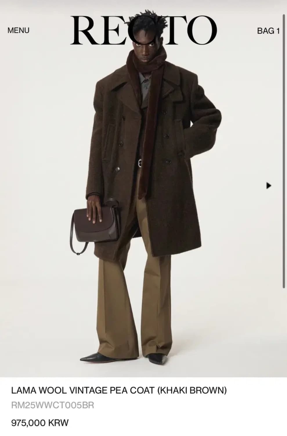 [S,M새상품] 렉토 25FW 라마 울 빈티지 피코트 카키 브라운 상품이미지1