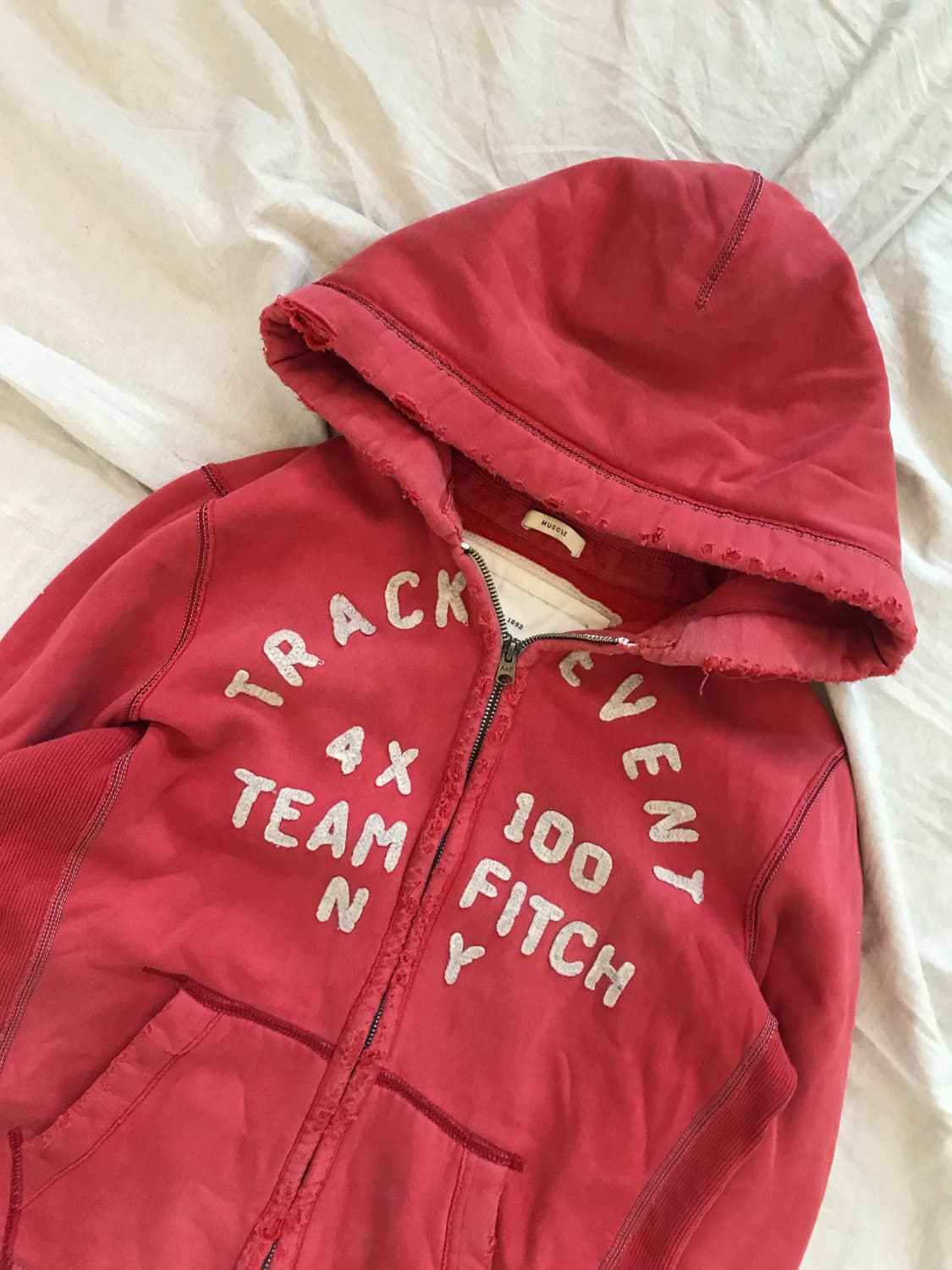 아베크롬비 자수 로고 다홍 헤비 후드집업 상품이미지5