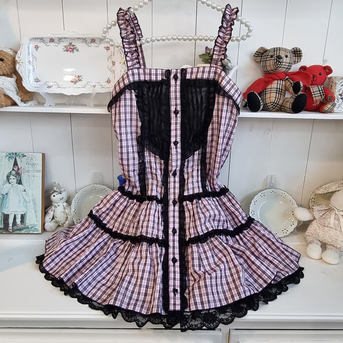 블랙핑크 체크 레이스 코르셋 원피스 상품이미지1