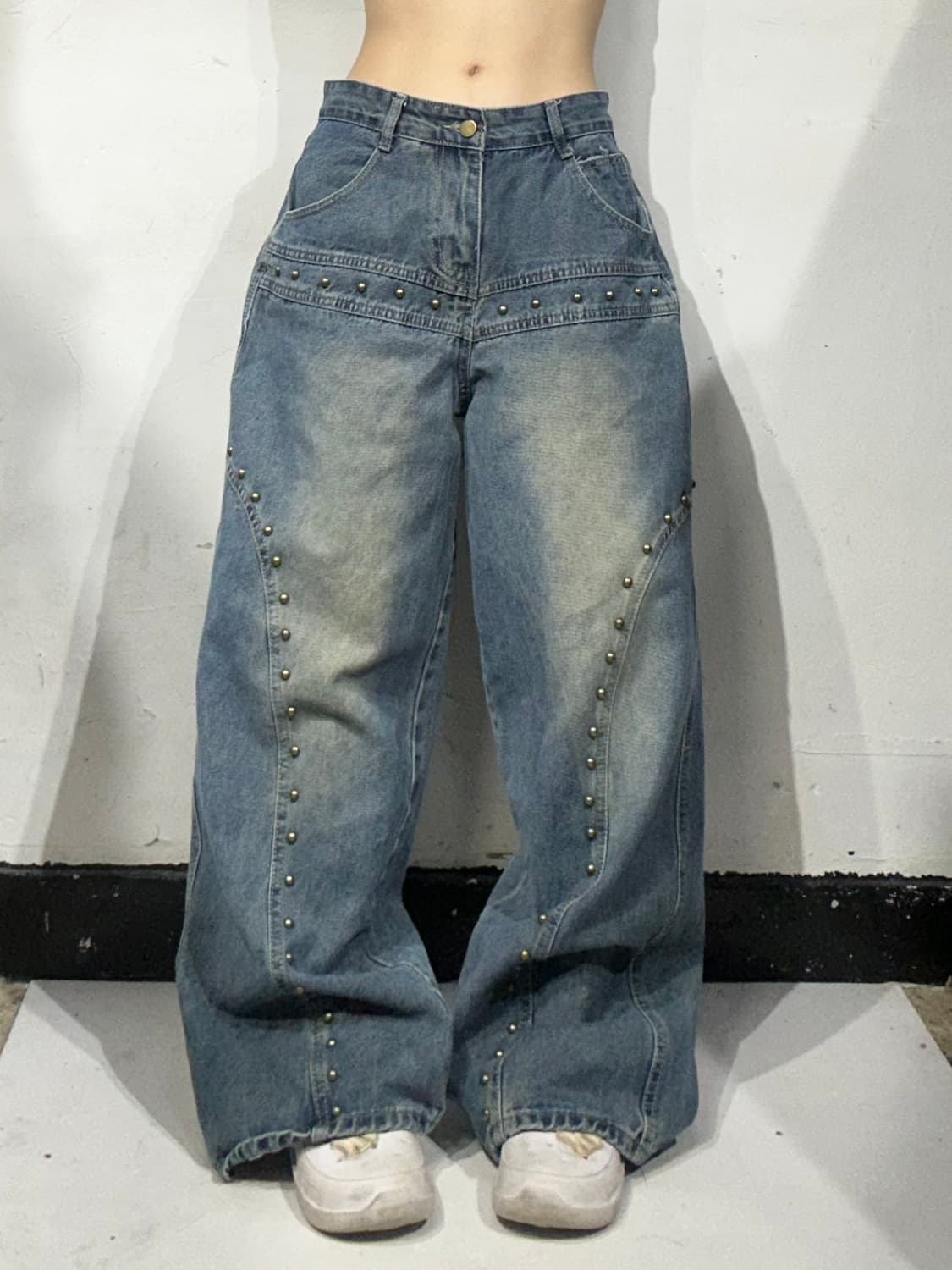 빈티지 y2k 중청 스터드 포인트 워싱 와이드 데님 팬츠 L 상품이미지2