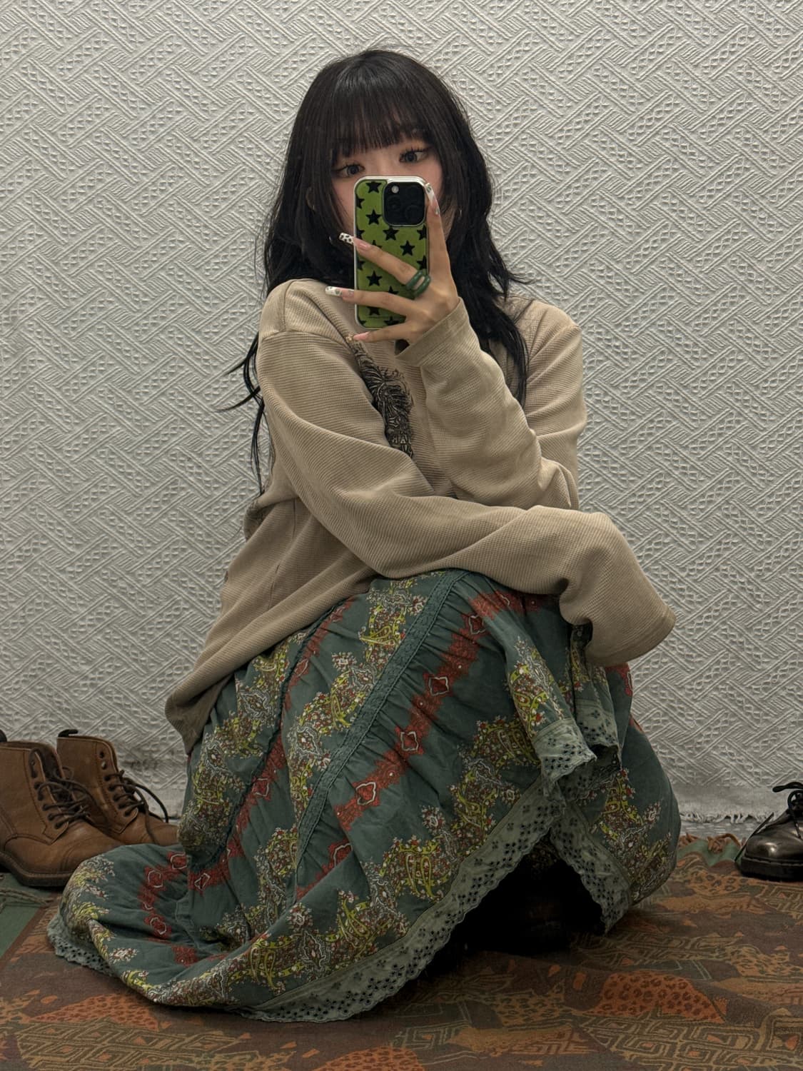 빈티지 코지 보헤미안 모리걸 에스닉 패턴 미디 롱스커트 K0159 상품이미지1