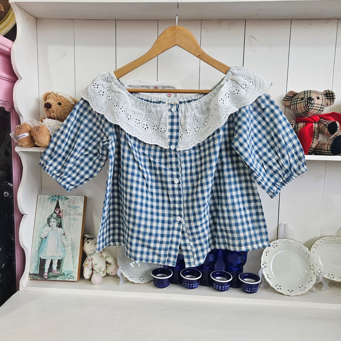 체크 레이스 오프숄더 블라우스 상품이미지1