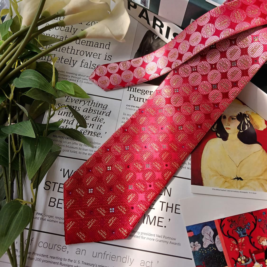 밀라숀 실크 레드 로고 패턴 넥타이 9cm S~A+등급 E813 상품이미지4