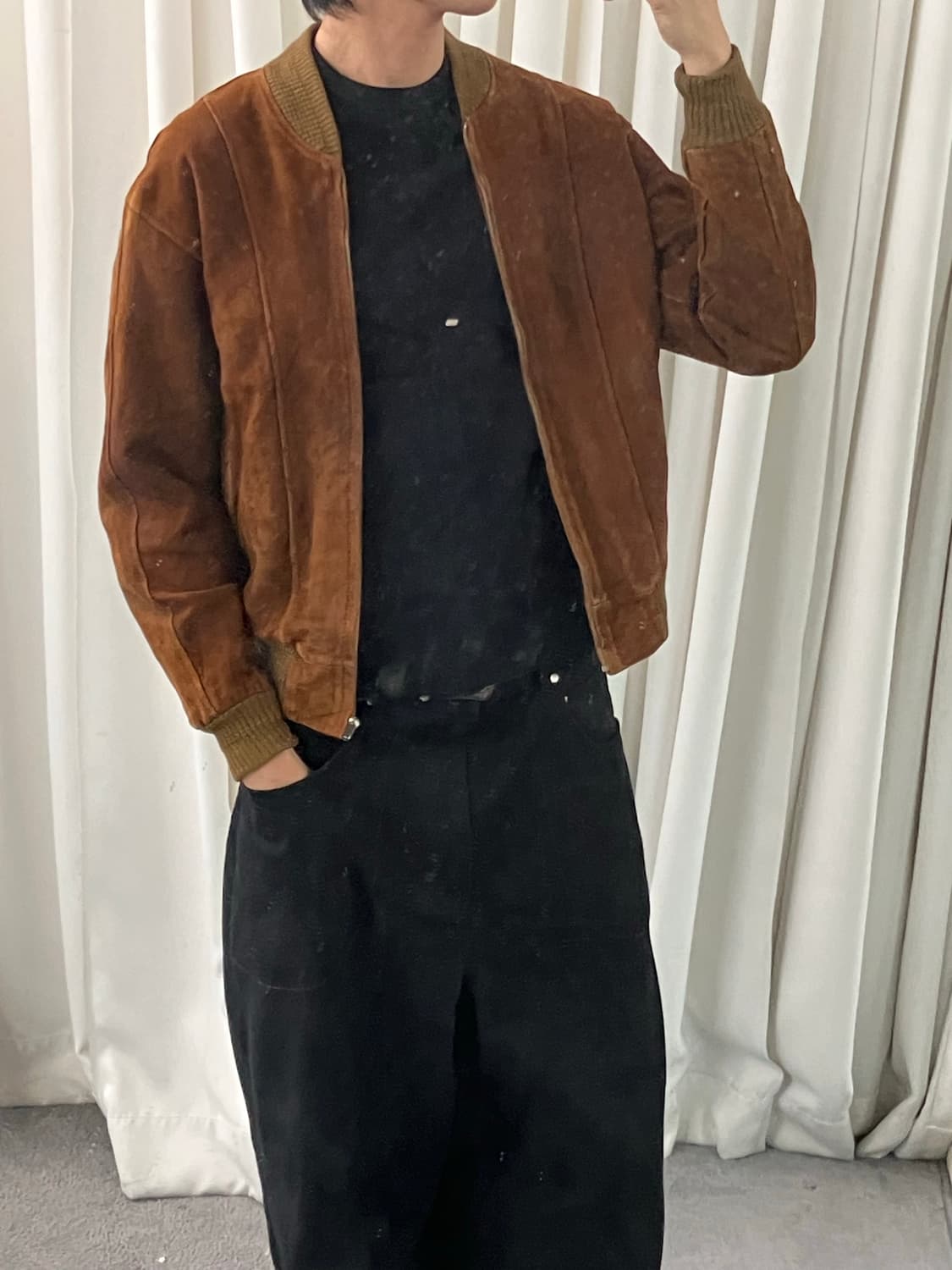 90’s jpn vtg 빈티지 브라운 양가죽 스웨이드 블루종 자켓 XL 상품이미지6