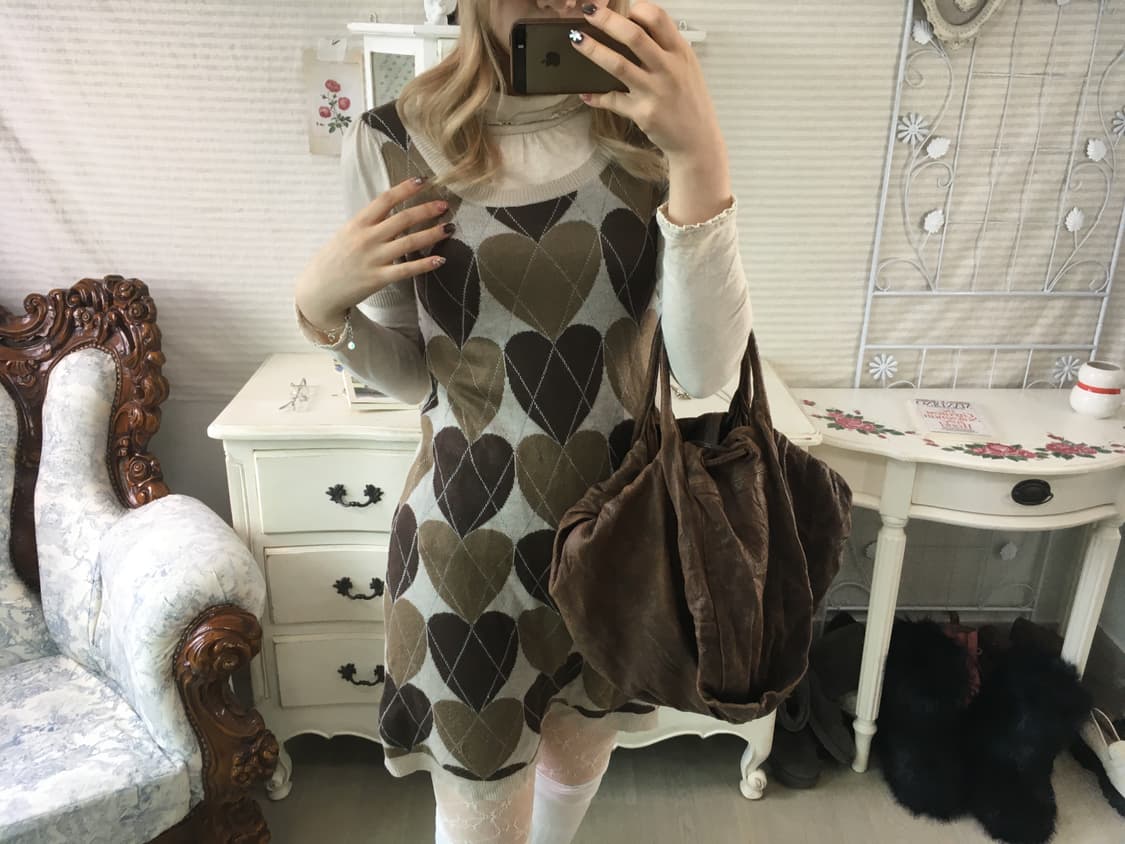 Set)하트 아가일 니트원피스 + 레이스풀오버 상품이미지1