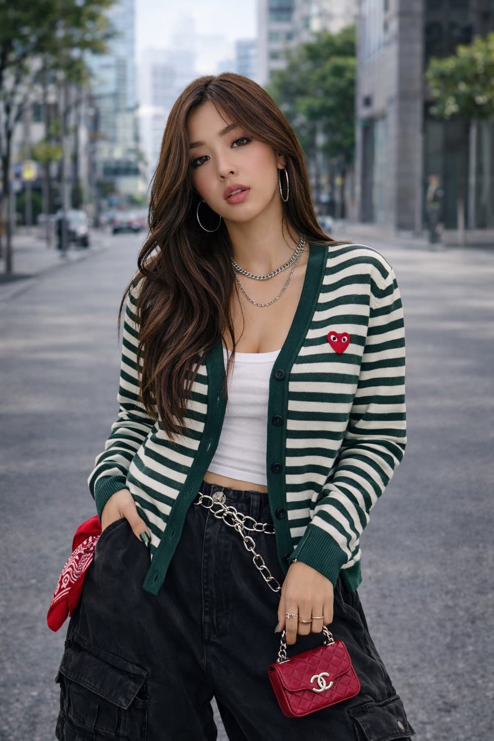 Comme 꼼데가르송 PLAY 스트라이프 하트로고 그린 코튼 가디건 상품이미지2