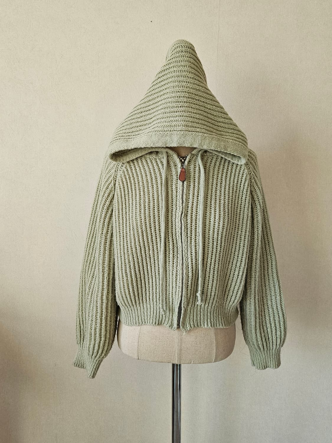 세이지 크롭 니트 후드집업 / 여리핏 볼륨소매 피스타치오 봄후드니트 상품이미지6