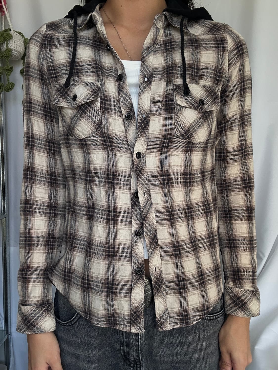 빈티지 코튼 후드 체크 긴팔셔츠 상품이미지1