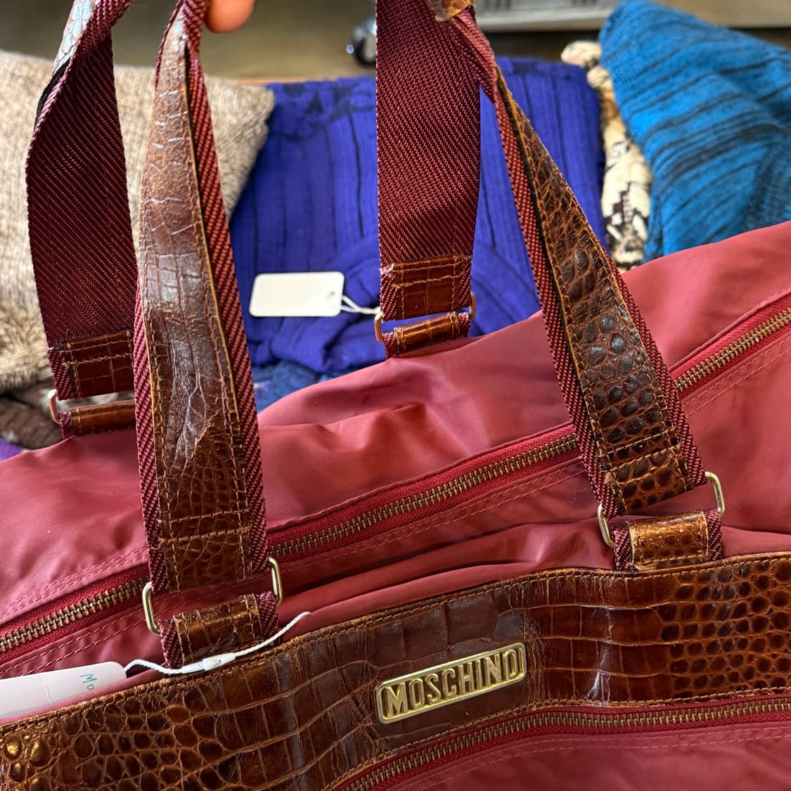 80 ~ 90S 모스키노 버건디 나일론 레더 파츠 빅백 더플백 상품이미지5