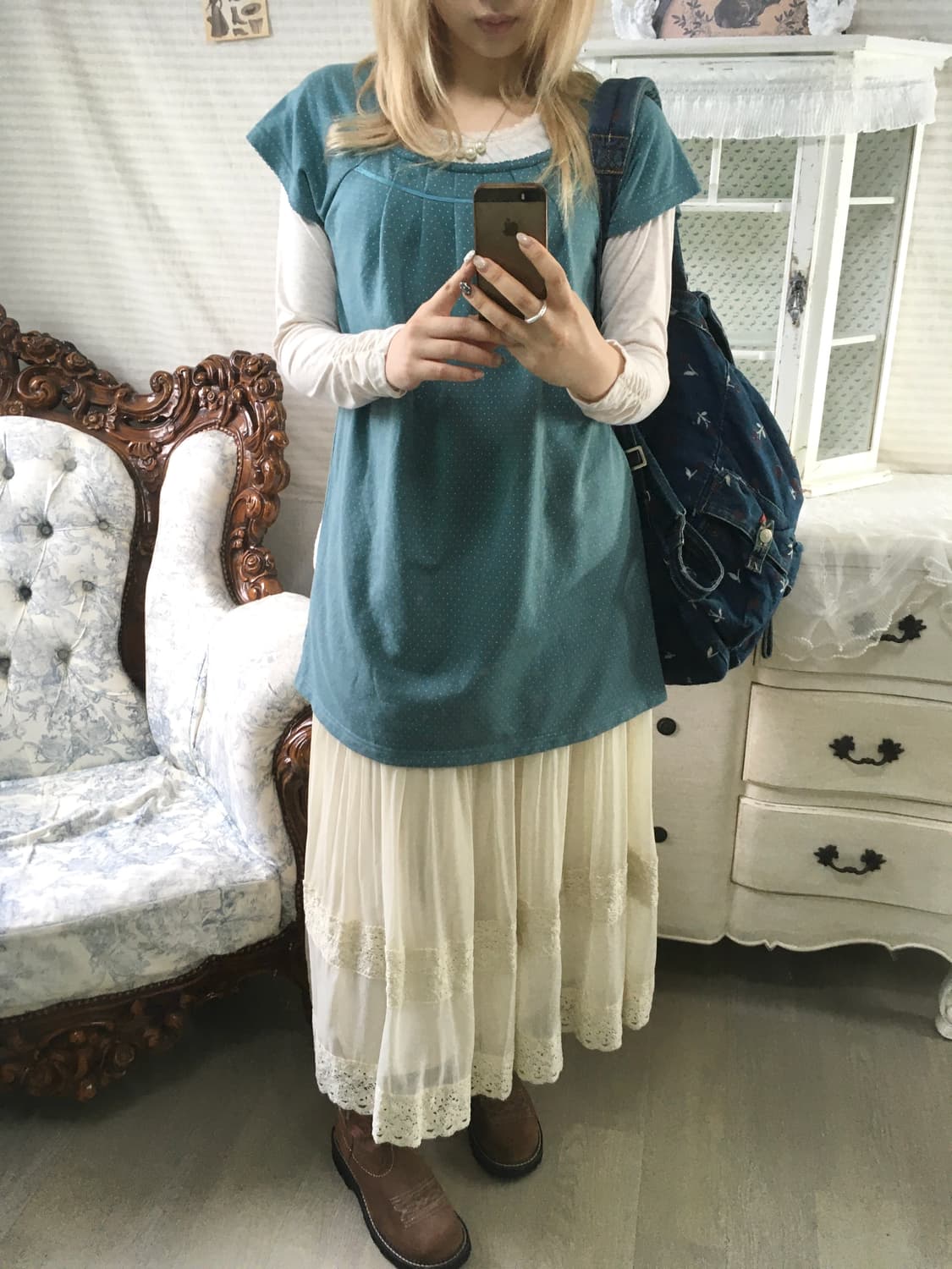 Set) 블루그린 민트 도트 블라우스+모리 레이스 티+레이스머플러 상품이미지4