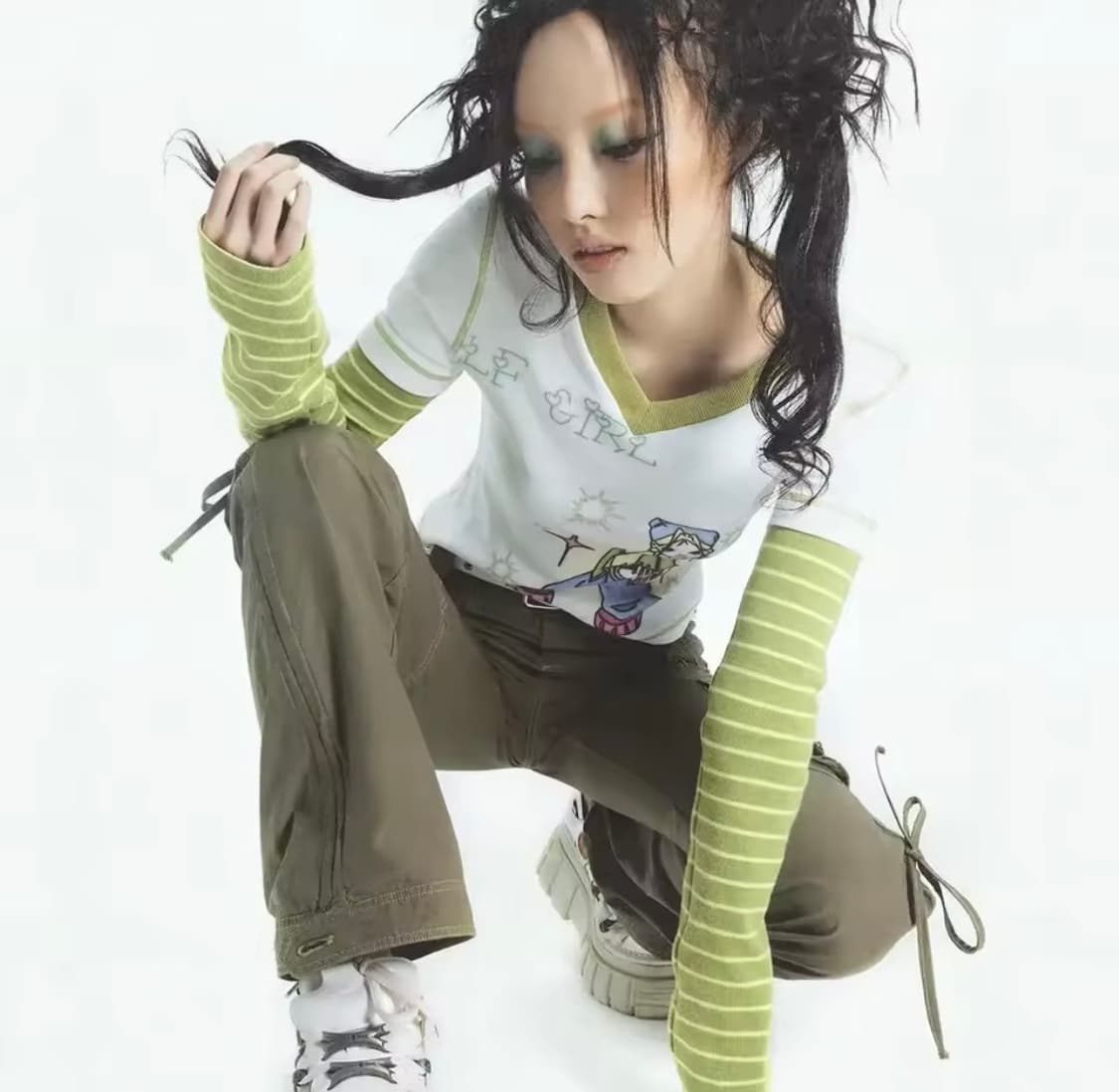 일본 빈티지 하라주쿠 y2k 핀터깔 90s 브이넥 레이어드 긴팔 티셔츠 상품이미지3