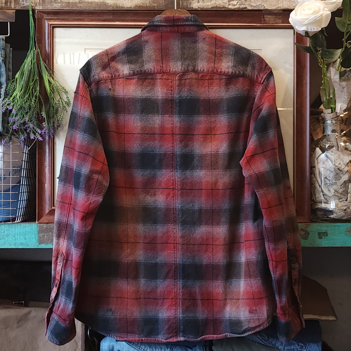 90s 빈티지 체크셔츠 헤비 플란넬 워크셔츠 썬페이딩 레드 웨스턴 L 상품이미지2