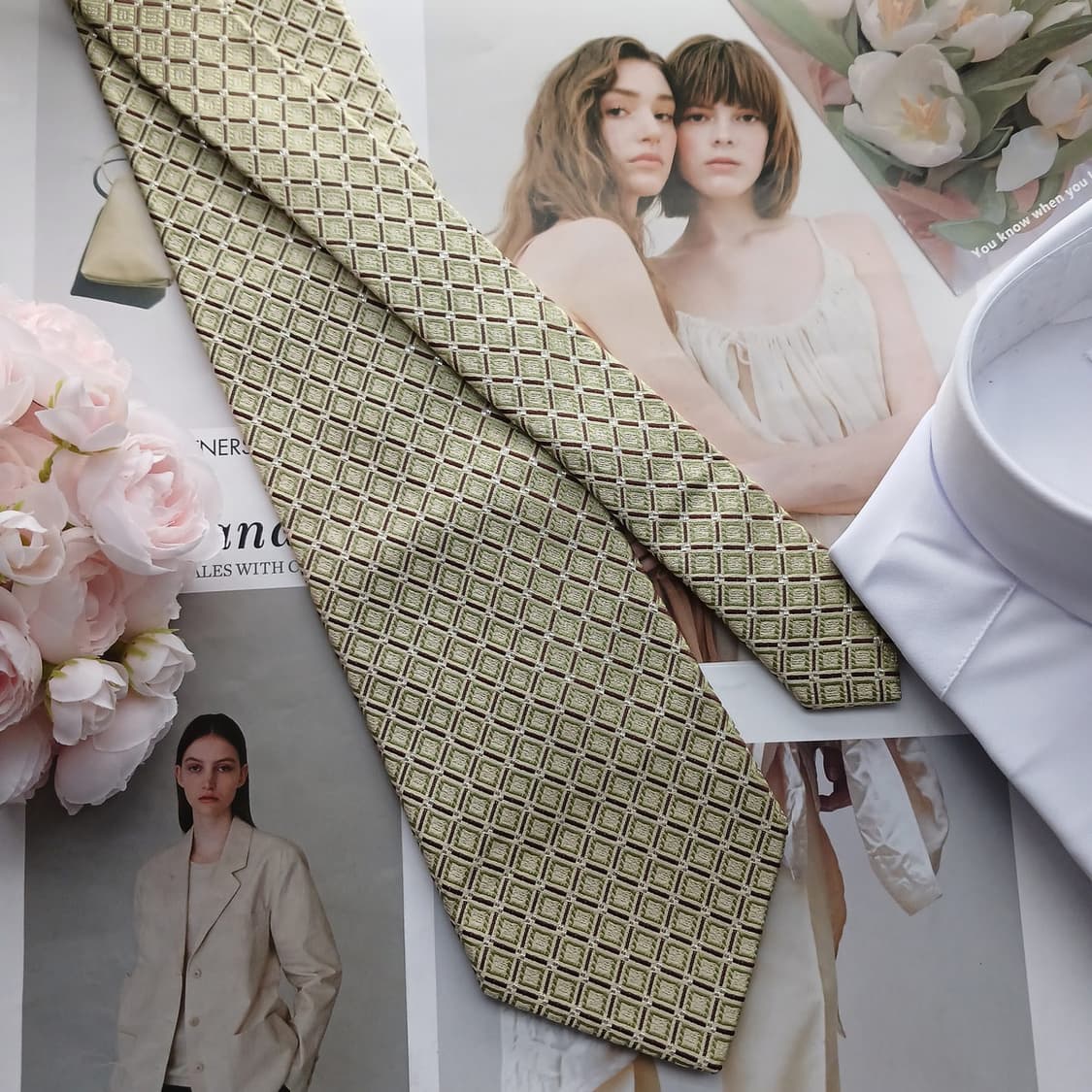 아쿠아스큐텀 라이트그린 체크 패턴 넥타이 9.3cm A+등급 A18575 상품이미지4