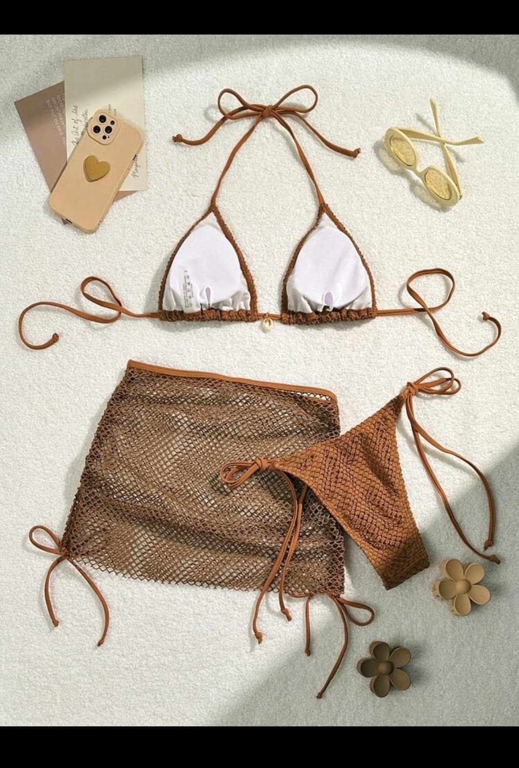 새상품) 3pcs 브라운 매쉬 비키니 커버업 세트 상품이미지2