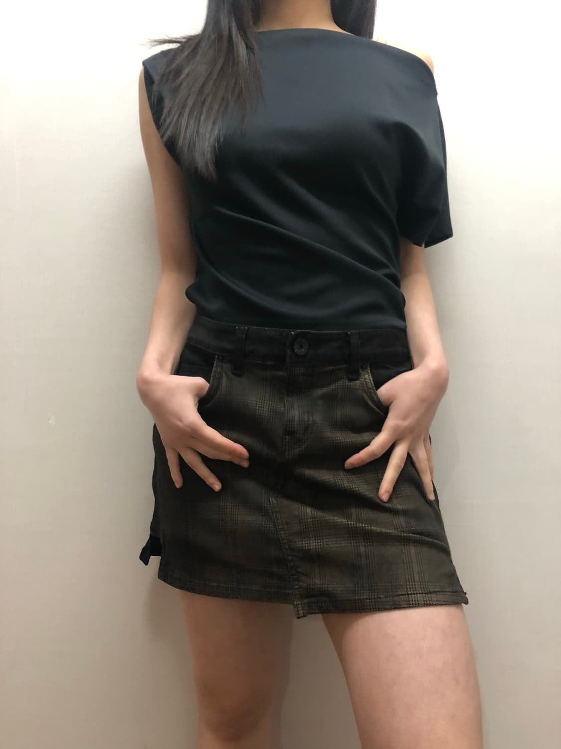 빈티지 브라운 체크 데님 미니 스커트 상품이미지6