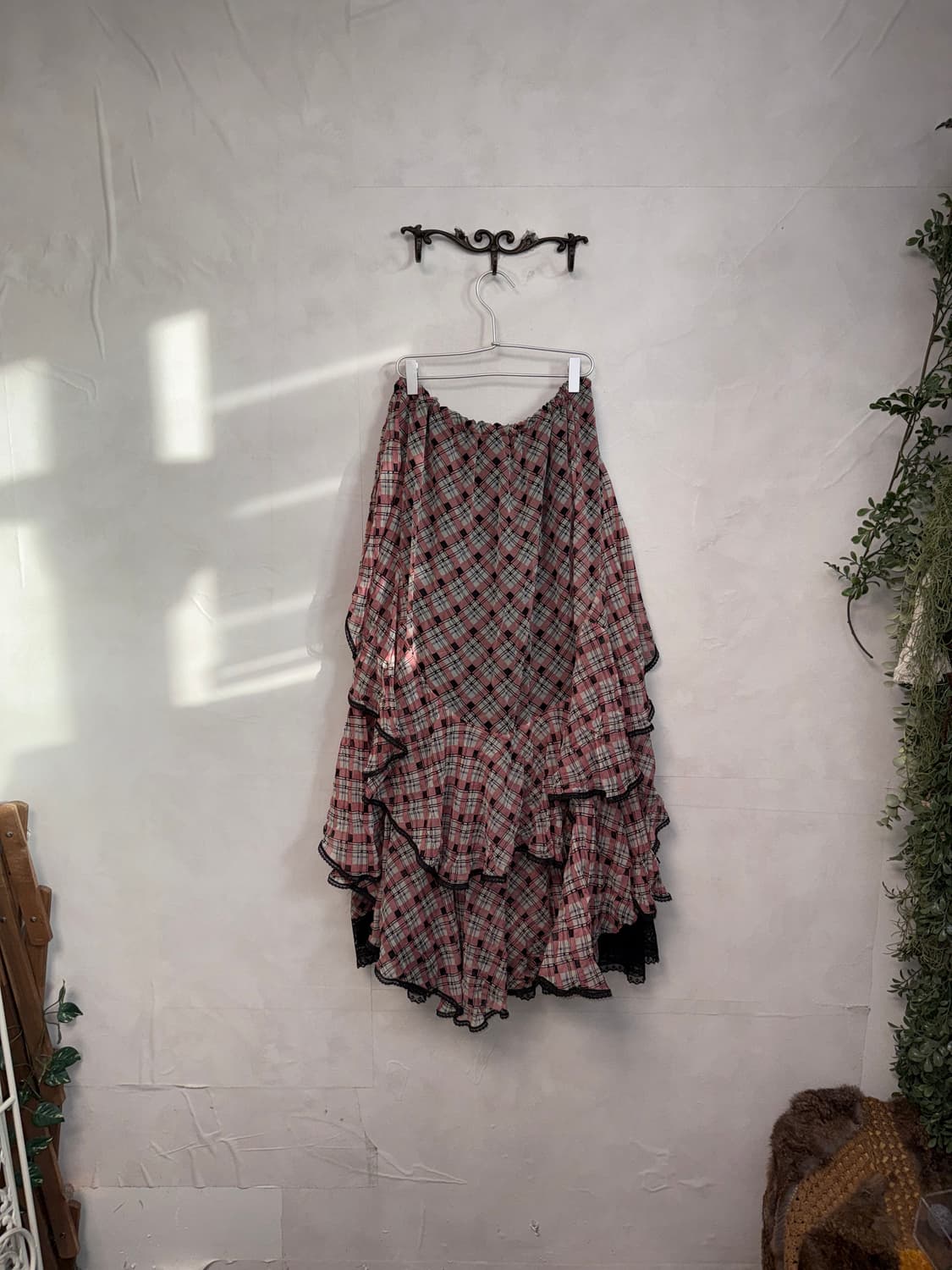 Anna Sui black pink check ruffle skirt 상품이미지5