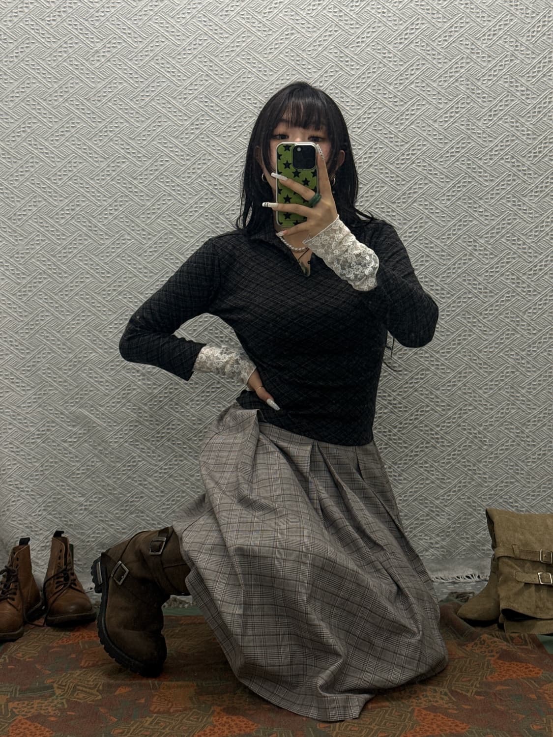 빈티지 코지 러블리 모카무스 아가일 체크 단추 롱슬리브 K0092 상품이미지1