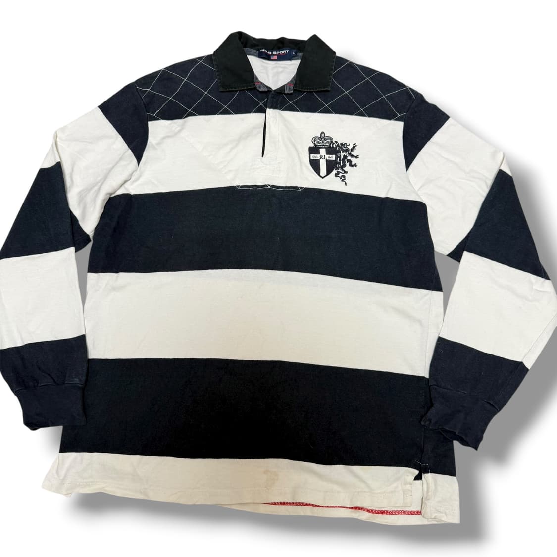 90‘s 폴로 스포츠 블랙 화이트 단가라 럭비티셔츠 상품이미지3