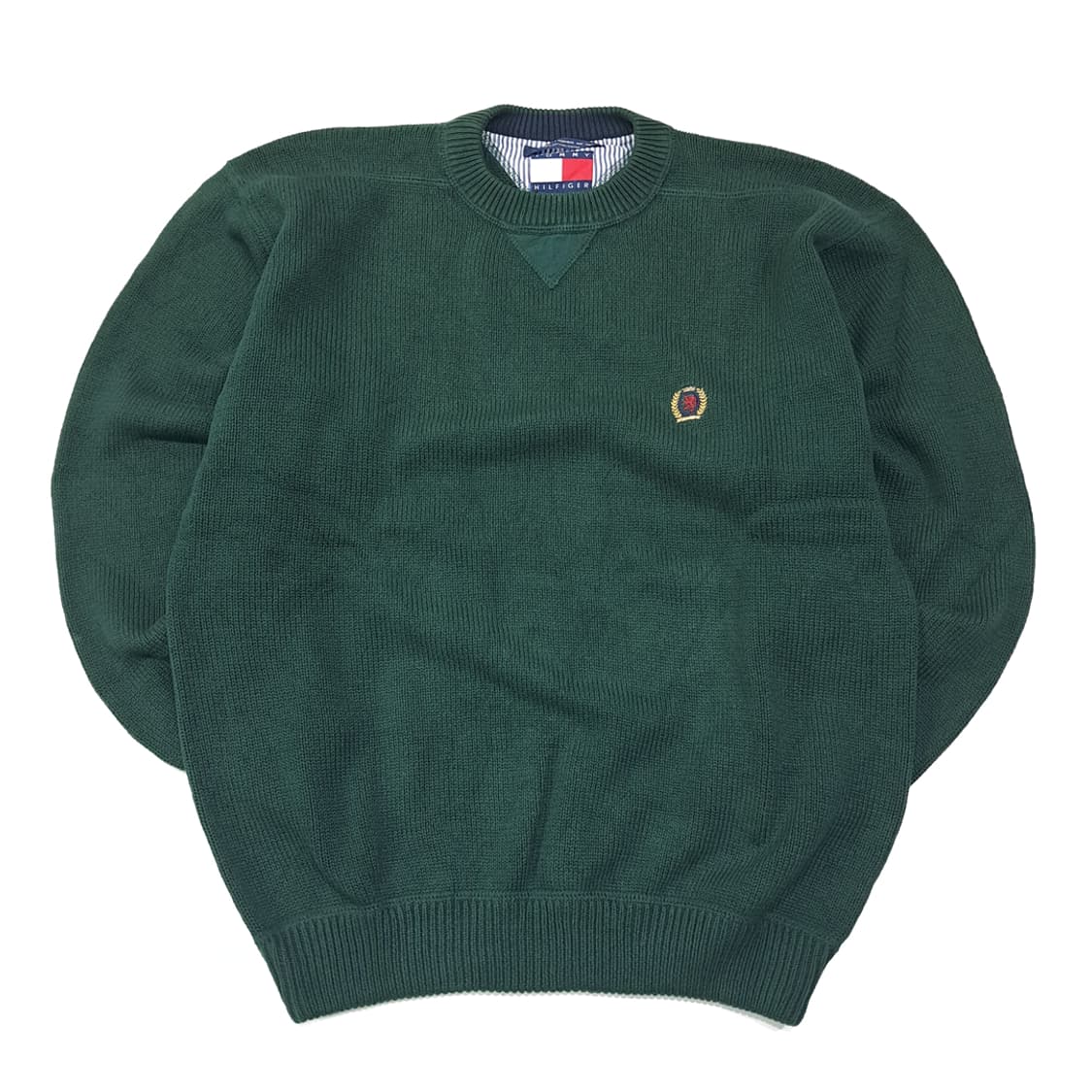 CL438 L 타미힐피거 90s 코튼 크레스트자수 다크그린 니트 스웨터 상품이미지1