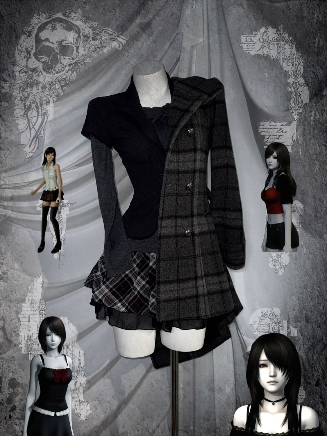 무채색 공겜여주깔 체크 완장 디테일 코트 코디세트 상품이미지1