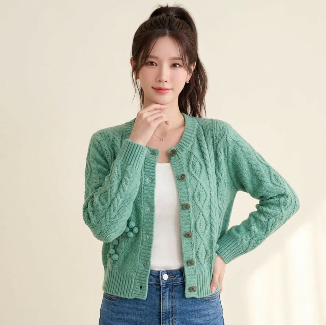 🌸봄컬러 | JJ지고트 민트 니트 가디건 55~66 | 화사핏 상태A 상품이미지1