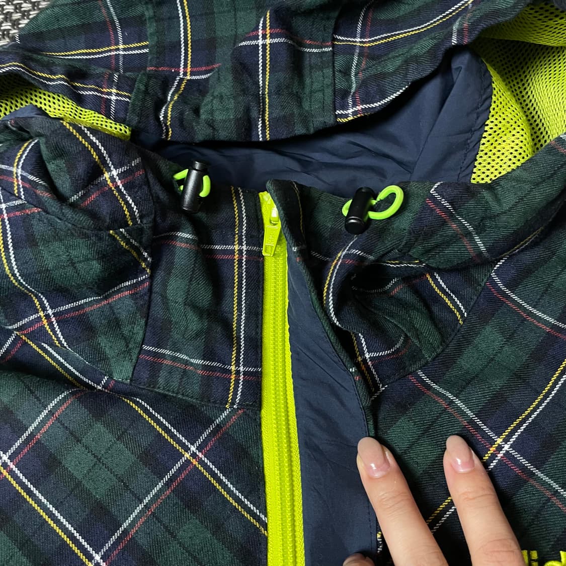 아디다스 연두로고 그린 체크 후드 긴팔 셔츠 자켓 L 상품이미지5