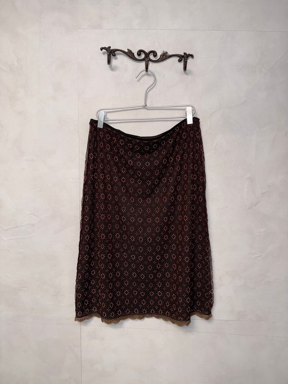 Pink brown bohemian flower midi skirt 상품이미지1