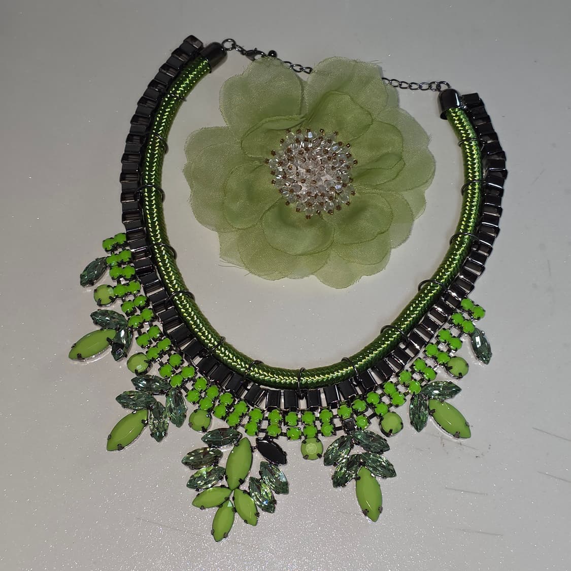 빈티지)그린 모리걸 보헤미안 플로럴 오리엔탈큐빅비즈크리스탈 모티브꽃목걸이 상품이미지4