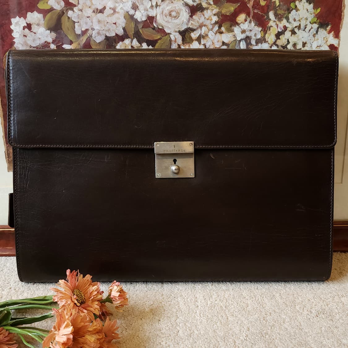 90s 트루사르디 가죽 클러치백 다크브라운 헤비레더 메탈 버클 상품이미지2