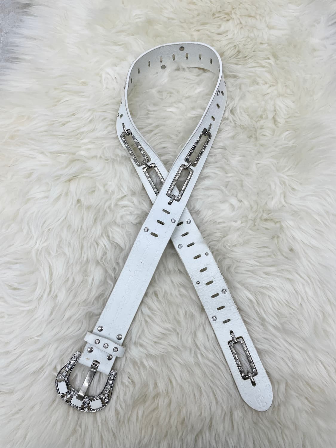 리얼레더 화이트 웨스턴 큐빅 버클 벨트 상품이미지1