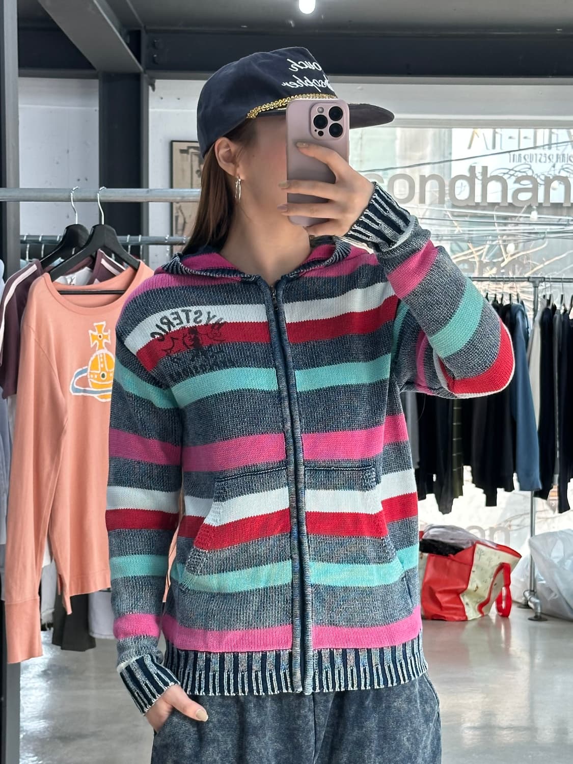 히스테릭글래머 피그먼트워시드 스트라이프 카툰 니트 후드집업 상품이미지4