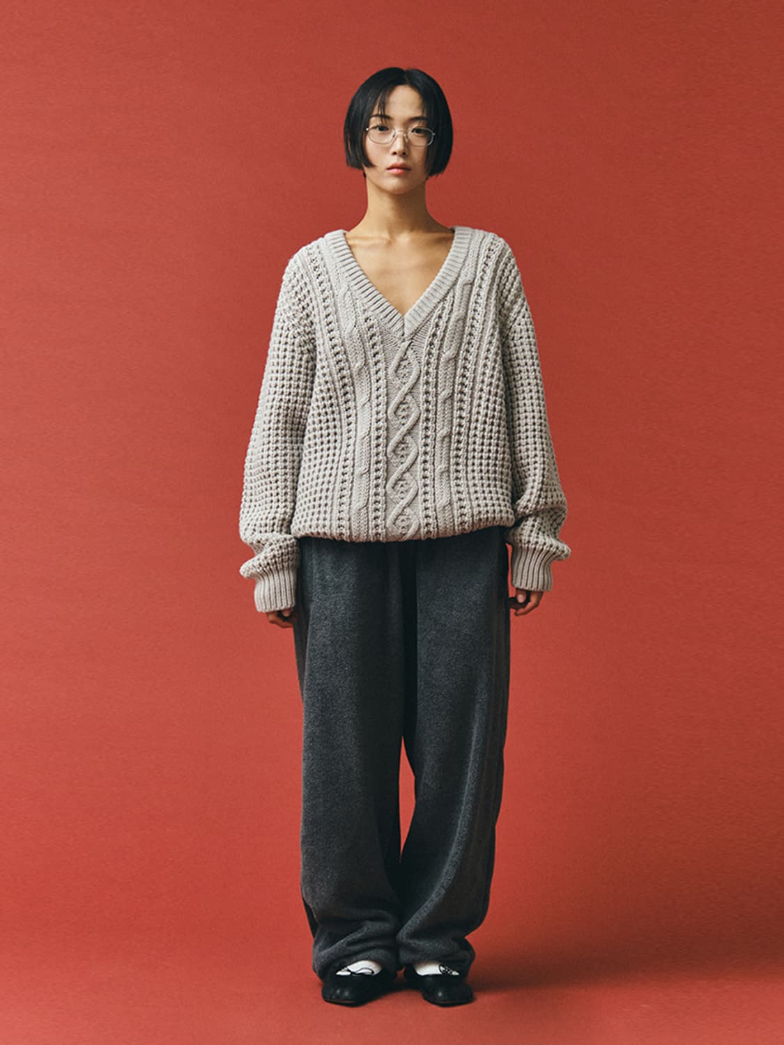 CABLE FISHERMAN V-NECK KNIT, LIGHT GRAY 상품이미지6