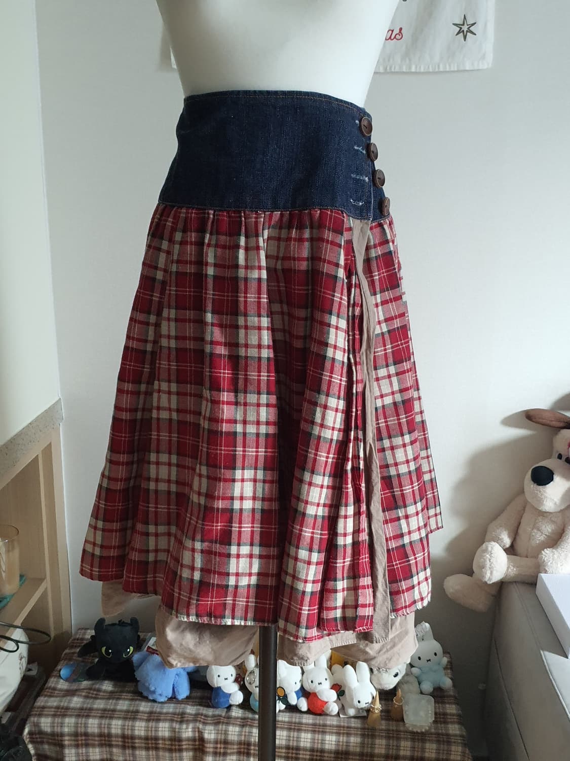 [빈티지] 체크 롱 스커트 데님 허리 치마 상품이미지1