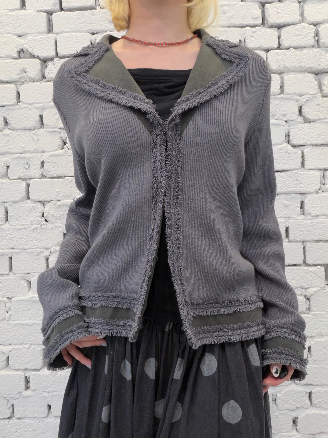 Fringed Edge Rib Knit Cardigan 상품이미지1