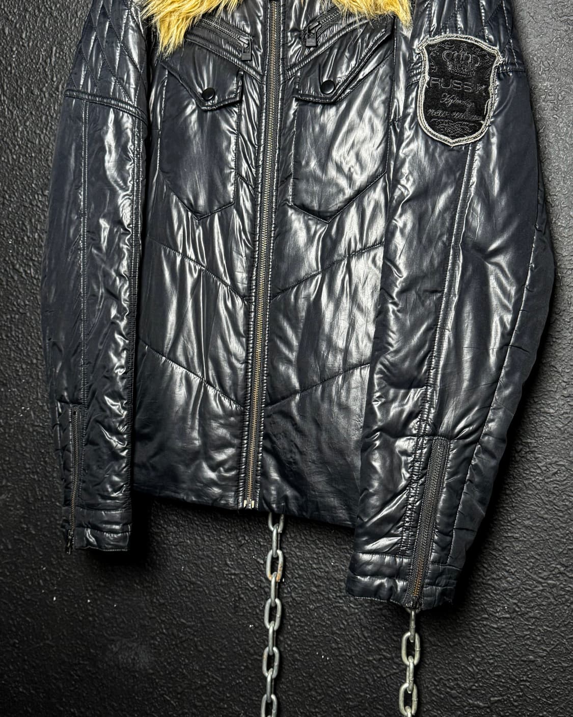 Fur Collar Glossy Black Quilted Jacket   상품이미지5