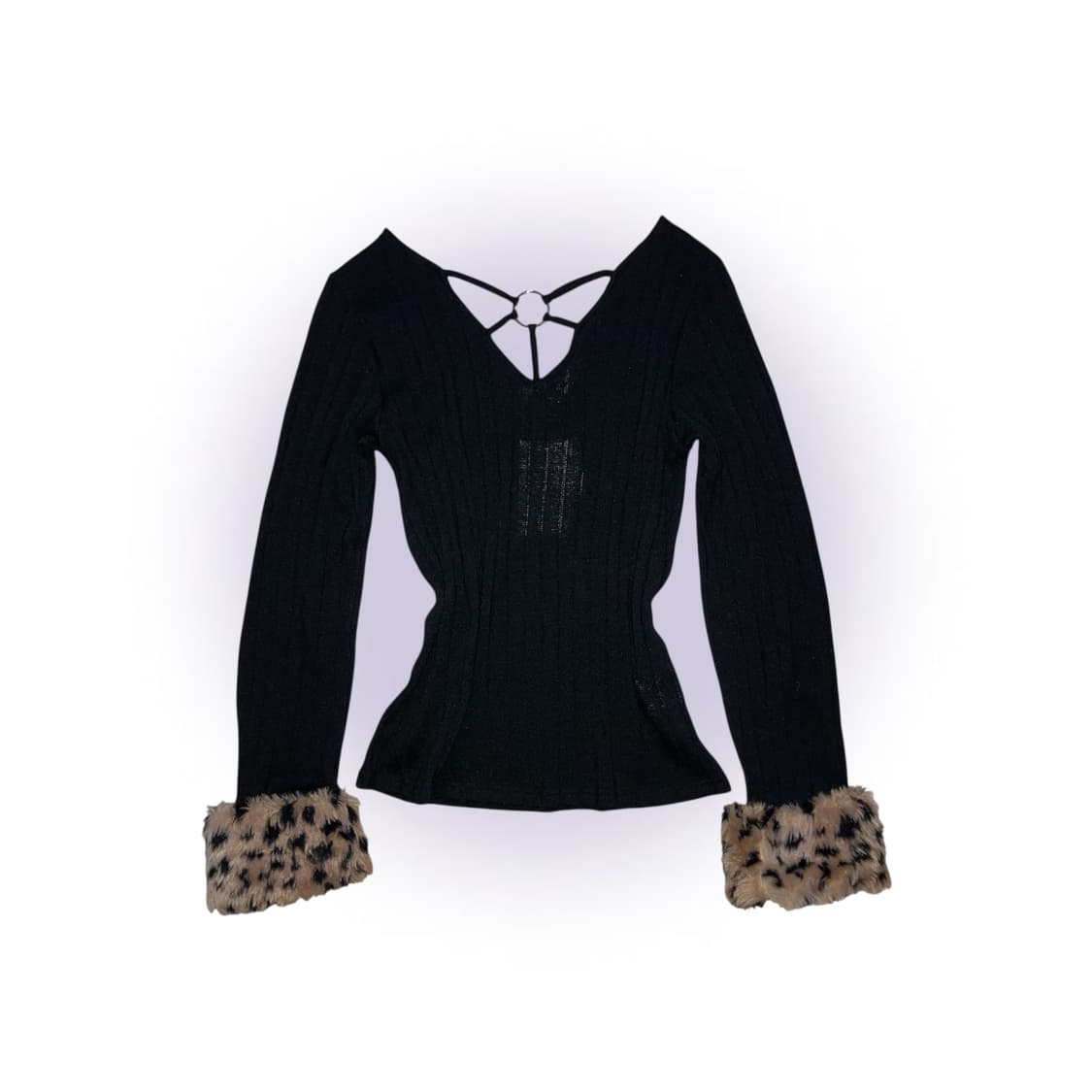 갸루 레오파드 퍼 백 링 포인트 니트 탑 핀터깔 일브 오네갸루 상품이미지1