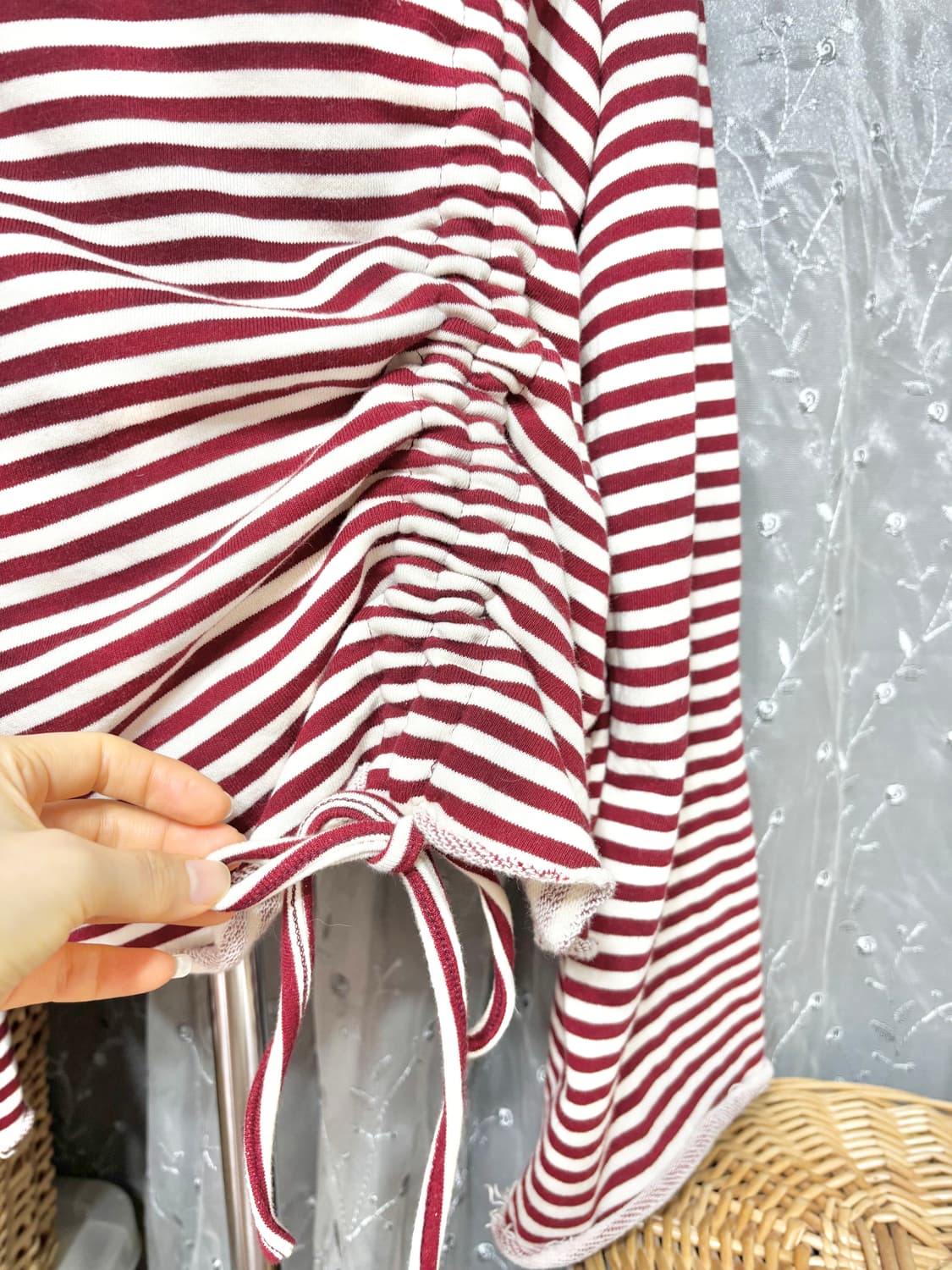 새제품ㅡ 스트라이프 후드티/ 프리사이즈 55~88/셔링끈장식 상품이미지4