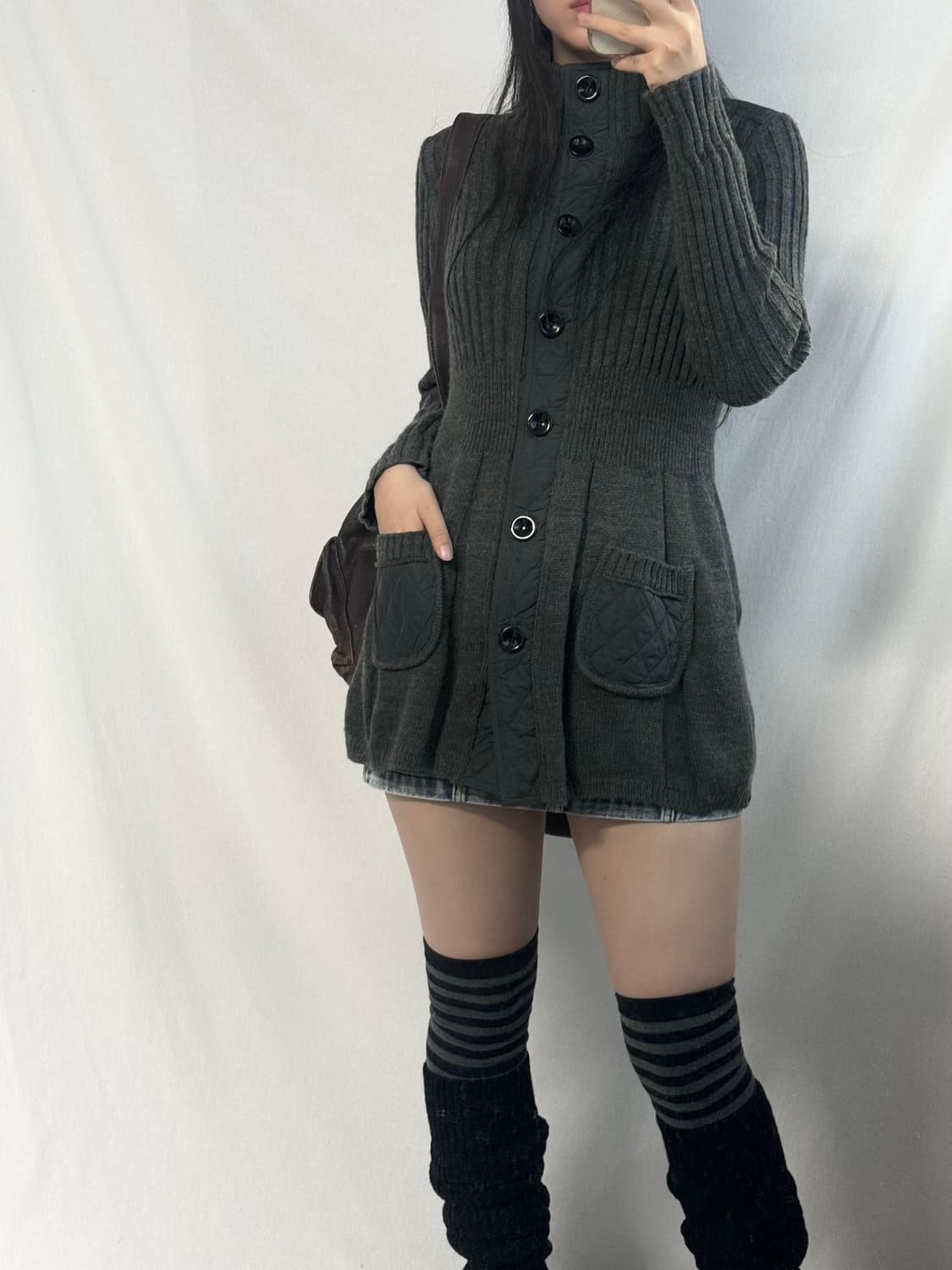 울 블렌디드 퀄트 디테일 셔링 롱 가디건 상품이미지4