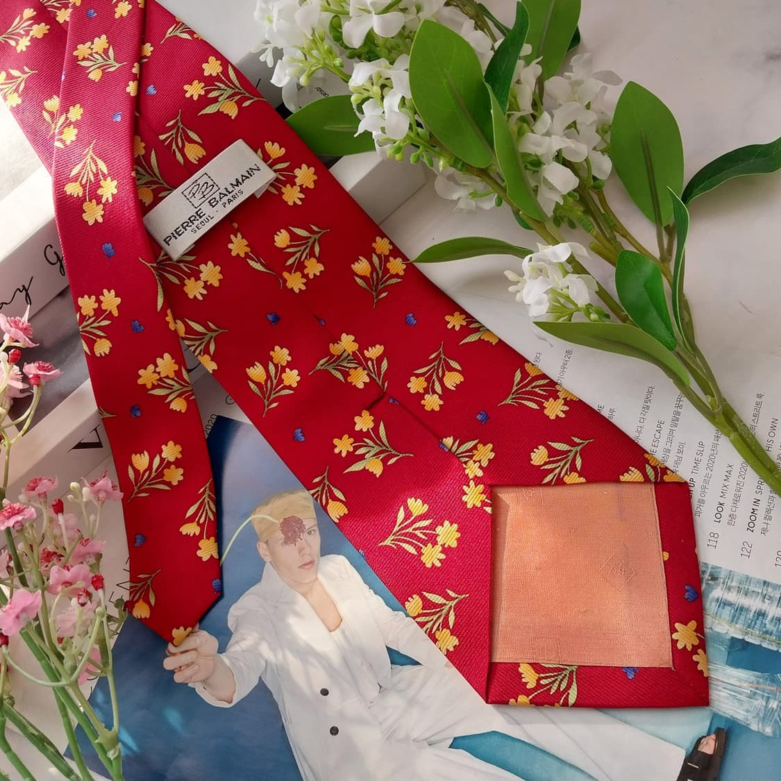 발망 실크 레드 플로럴 모티브 넥타이 9.9cm A+등급 K1604
 상품이미지6